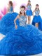 Modern Four Piece High-neck Sleeveless Ball Gown Prom Dress Floor Length Beading and Pick Ups Royal Blue Organza