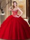 Superior Red Tulle Lace Up Sweetheart Sleeveless Floor Length Sweet 16 Quinceanera Dress Beading