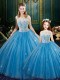 High-neck Sleeveless Quinceanera Dresses Floor Length Lace Baby Blue Tulle