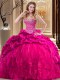 Hot Pink Taffeta and Tulle Lace Up Sweetheart Sleeveless Ball Gown Prom Dress Brush Train Beading and Ruffles