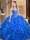 Pretty Floor Length Lace Up Ball Gown Prom Dress Royal Blue for Military Ball and Sweet 16 and Quinceanera with Embroidery and Ruffles