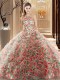 Excellent Multi-color Fabric With Rolling Flowers Criss Cross High-neck Sleeveless Ball Gown Prom Dress Brush Train Ruffles and Pattern