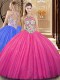 Pretty Scoop Embroidery and Sequins 15th Birthday Dress Hot Pink Backless Sleeveless Floor Length