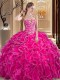 Floor Length Lace Up Quinceanera Dresses Fuchsia for Military Ball and Sweet 16 and Quinceanera with Embroidery and Ruffles