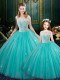 Lovely Turquoise Sleeveless Floor Length Lace Zipper Quinceanera Gown