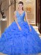 Perfect Sleeveless Organza Floor Length Backless Sweet 16 Dresses in Blue with Lace and Appliques and Ruffles and Pick Ups  Perfect Sleeveless Organza Floor Length Backless Sweet 16 Dresses in Blue with Lace and Appliques and Ruffles and Pick Ups