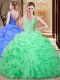 Floor Length Backless Quinceanera Dress Apple Green for Military Ball and Sweet 16 and Quinceanera with Lace and Appliques and Pick Ups