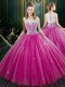 Cute Floor Length Fuchsia 15th Birthday Dress Tulle Sleeveless Lace