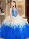 Straps Blue And White Sleeveless Lace and Ruffles Floor Length Quince Ball Gowns