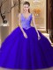 Custom Design Royal Blue Ball Gowns Tulle V-neck Sleeveless Lace and Appliques and Pick Ups Floor Length Backless Vestidos de Quinceanera  Custom Design Royal Blue Ball Gowns Tulle V-neck Sleeveless Lace and Appliques and Pick Ups Floor Length Backless Vestidos de Quinceanera