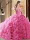 Rose Pink Ball Gowns Fabric With Rolling Flowers Sweetheart Sleeveless Embroidery and Ruffles and Pick Ups Floor Length Lace Up Sweet 16 Quinceanera Dress