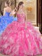 Rose Pink Sleeveless Floor Length Embroidery and Ruffles Lace Up 15th Birthday Dress