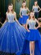Four Piece Royal Blue Ball Gowns Tulle High-neck Sleeveless Lace Floor Length Zipper Quinceanera Gown Brush Train