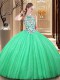 Modern Sleeveless Floor Length Lace and Appliques Lace Up Vestidos de Quinceanera with Green