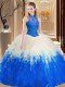 Blue And White Sleeveless Floor Length Lace and Appliques and Ruffles Backless Quinceanera Gowns