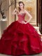 Sleeveless Floor Length Beading and Ruffles Lace Up Quinceanera Gown with Wine Red