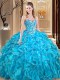 Teal Sweetheart Lace Up Embroidery and Ruffles Quinceanera Dress Sleeveless
