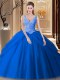 Unique Sleeveless Tulle Floor Length Backless Sweet 16 Dresses in Blue with Lace and Pick Ups  Unique Sleeveless Tulle Floor Length Backless Sweet 16 Dresses in Blue with Lace and Pick Ups