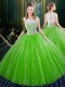 Perfect Tulle High-neck Sleeveless Zipper Lace Quince Ball Gowns in