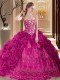 Fuchsia Sleeveless Court Train Embroidery and Pick Ups Quince Ball Gowns