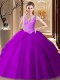 Pretty Purple Ball Gowns V-neck Sleeveless Tulle Floor Length Backless Appliques and Pick Ups Quinceanera Gowns  Pretty Purple Ball Gowns V-neck Sleeveless Tulle Floor Length Backless Appliques and Pick Ups Quinceanera Gowns