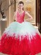Fitting Lace and Appliques and Ruffles Quince Ball Gowns White And Red Zipper Sleeveless Floor Length
