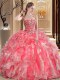 Floor Length Watermelon Red Quinceanera Dresses Organza Sleeveless Embroidery and Ruffles
