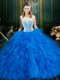 Most Popular Scoop Sleeveless Floor Length Lace and Ruffles Zipper Ball Gown Prom Dress with Blue
