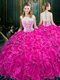 Spectacular Scoop Sleeveless Quinceanera Dress Floor Length Lace and Ruffles Fuchsia Organza