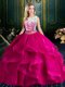 Scoop Lace and Ruffles 15 Quinceanera Dress Fuchsia Lace Up Sleeveless With Brush Train