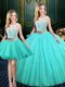 Flare Three Piece Scoop Floor Length Blue Quinceanera Dresses Tulle and Sequined Sleeveless Lace and Sequins
