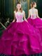 Designer Fuchsia Square Neckline Lace Sweet 16 Quinceanera Dress Sleeveless Clasp Handle