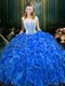 Dramatic Royal Blue Ball Gowns Organza Scoop Sleeveless Lace and Ruffles Floor Length Zipper Quince Ball Gowns