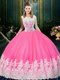 Scoop Sleeveless Tulle Floor Length Zipper Quinceanera Gown in Rose Pink with Lace and Appliques