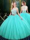 Blue Scoop Lace Up Lace and Sequins 15 Quinceanera Dress Sleeveless