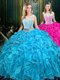 Decent Organza Scoop Sleeveless Zipper Lace and Ruffles Vestidos de Quinceanera in Baby Blue