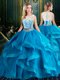 Scoop Baby Blue Tulle Zipper Quinceanera Gowns Sleeveless With Brush Train Lace and Ruffles