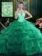 Free and Easy Halter Top Sleeveless Organza and Tulle Floor Length Lace Up 15th Birthday Dress in Dark Green with Beading and Ruffles and Pick Ups