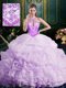 Halter Top Lavender Sleeveless Brush Train Beading and Lace and Appliques and Ruffles and Pick Ups Ball Gown Prom Dress