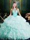 Custom Fit Halter Top Sleeveless Brush Train Clasp Handle Beading and Lace and Ruffles Quince Ball Gowns