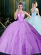 Halter Top Lavender Tulle Lace Up Quince Ball Gowns Sleeveless Floor Length Beading and Lace and Ruffles