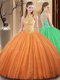 Smart Orange High-neck Neckline Embroidery and Hand Made Flower Vestidos de Quinceanera Sleeveless Backless