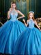 Hot Selling Halter Top Baby Blue Ball Gowns Tulle High-neck Sleeveless Beading and Appliques Floor Length Lace Up Quinceanera Dresses