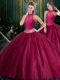 Trendy Burgundy High-neck Lace Up Beading and Lace Quince Ball Gowns Sleeveless
