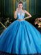 Halter Top Floor Length Baby Blue Quinceanera Dresses Tulle Sleeveless Beading and Lace and Appliques