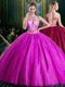 Amazing Halter Top Sleeveless Tulle Floor Length Lace Up Quinceanera Gowns in Fuchsia with Beading and Lace and Appliques