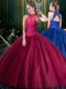 Burgundy Lace Up High-neck Appliques Quinceanera Gowns Tulle Sleeveless
