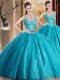 Sophisticated Tulle Spaghetti Straps Sleeveless Lace Up Beading and Lace and Appliques Ball Gown Prom Dress in Teal