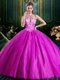 Halter Top Fuchsia High-neck Lace Up Beading and Lace and Appliques Quinceanera Dress Sleeveless