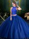 Dramatic Floor Length Navy Blue Quince Ball Gowns Tulle Sleeveless Beading and Lace